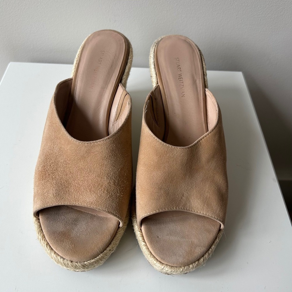 Stuart Weitzman Wedge Sandals 8.5 Tan Suede Espadrille‎ Slide Mules Beach Resort - Picture 4 of 11